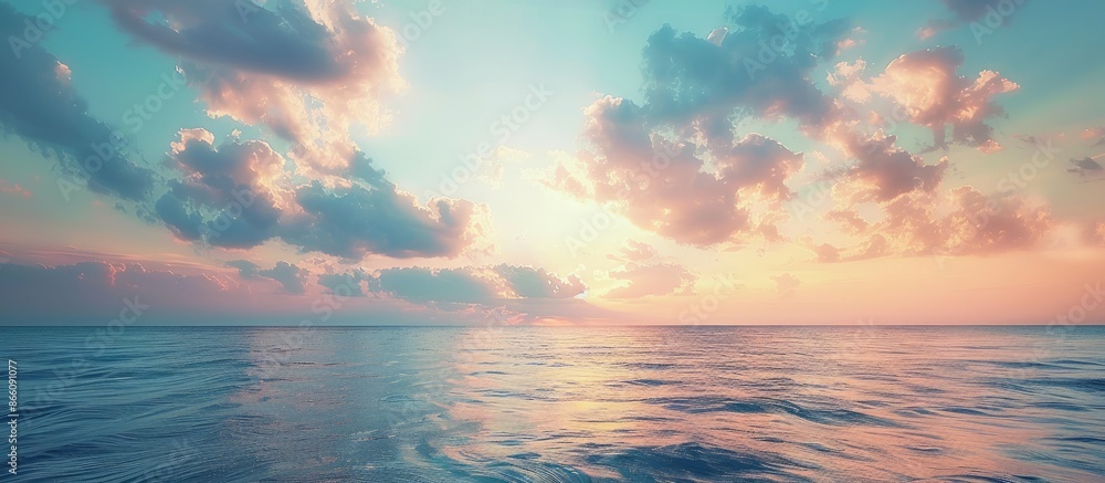 Poster tranquil ocean view at sunset with beautiful cloud formations, perfect for a copy space image.