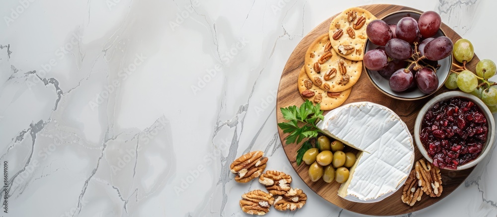 Aufkleber top view image featuring a snack board layout on a wooden kitchen table with a camembert cheese, gra