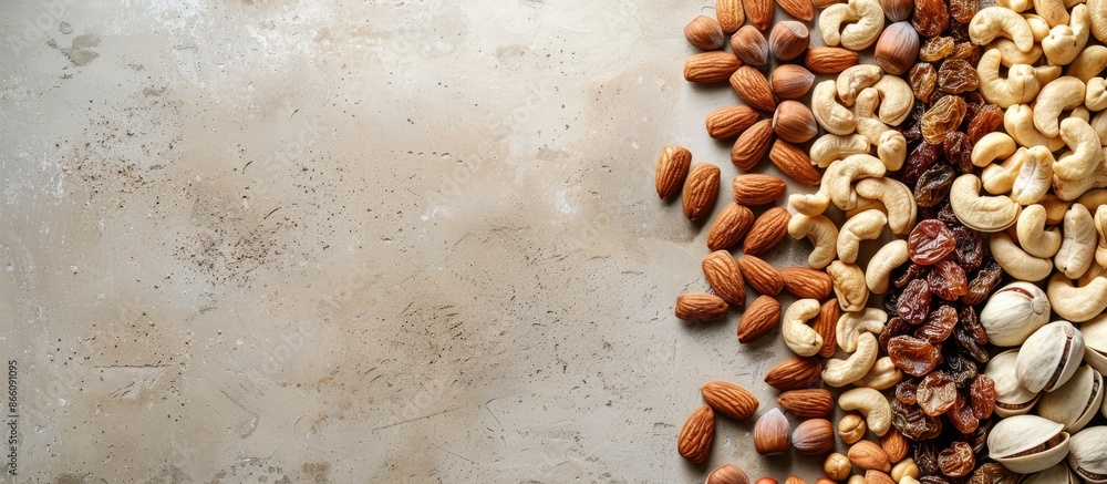Poster various types of nuts including walnuts, cashews, raisins, almonds, and hazelnuts displayed in a tex