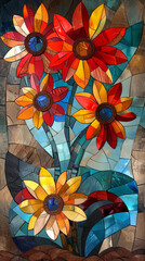 Fototapeta na wymiar Cubist-style gerbera daisies in bold colors like red, yellow, and blue, with fragmented shapes and overlapping forms, on a backdrop of abstract geometric shapes.