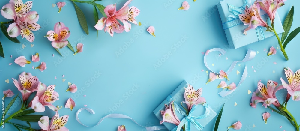 Aufkleber blue background with alstroemeria flowers, gift boxes perfect for congratulations. natural colors gr
