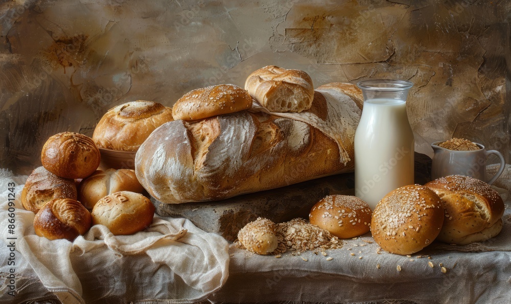 Poster an image of a stone table topped with various crusty bread buns and a cup of milk, creating an invit