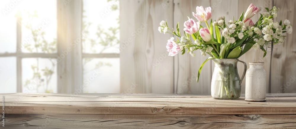 Aufkleber Spring background with a desk featuring ample copy space image for decoration and flowers.