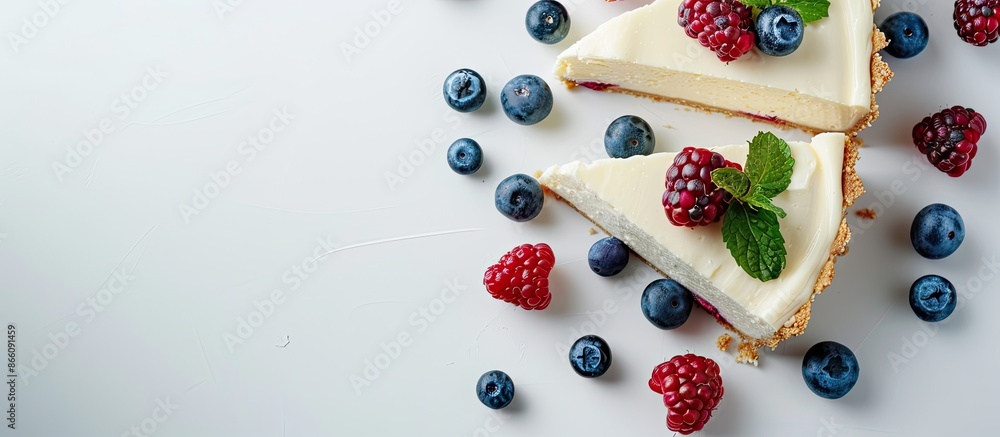 Aufkleber delicious cheesecake slices adorned with fresh berries on a serene white backdrop in a copy space im