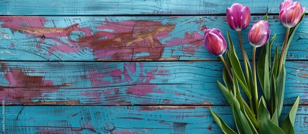 Poster Vintage toned background with purple tulips on weathered blue-red wood, offering empty space for text in the image. Copy space image. Place for adding text and design