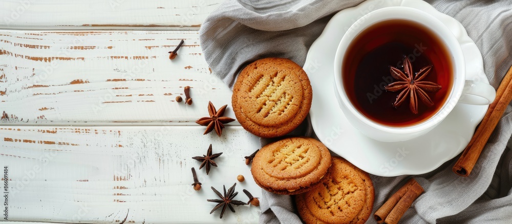 Poster black tea accompanied by cookies and cinnamon presented on a white wooden backdrop with copy space i