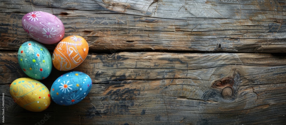 Aufkleber colorful easter eggs rest on aged wooden backdrop, ideal for easter holiday themed projects, with ro
