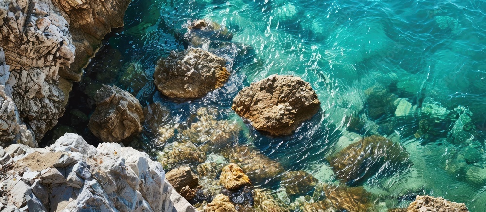 Fototapete close-up view of a rocky shore by the clear blue ocean with a background setting, suitable for text.