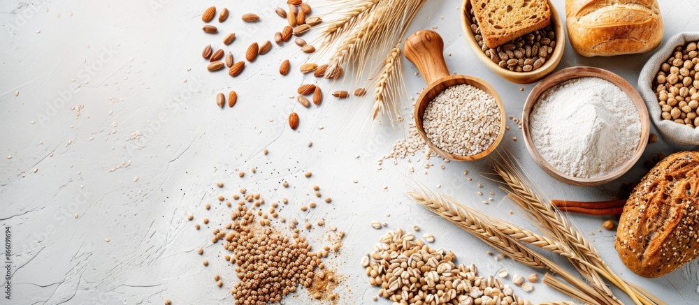 Aufkleber Whole grain foods for a healthy lifestyle displayed on a white background with space for text or images. Copy space image. Place for adding text and design
