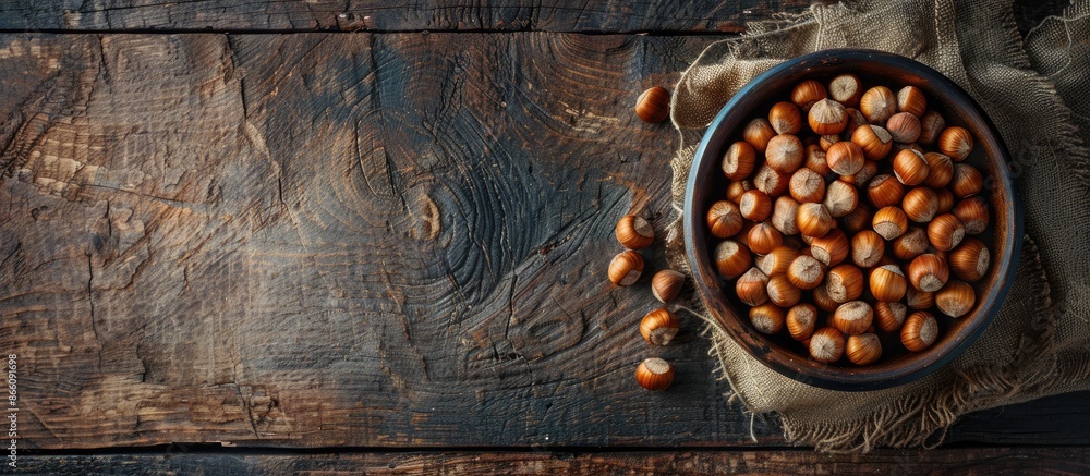 Poster overhead shot of a bowl brimming with hazelnuts against a copy space image.