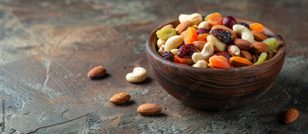 Poster healthy snack featuring a blend of mixed nuts and dried fruits presented in a rustic wooden bowl wit