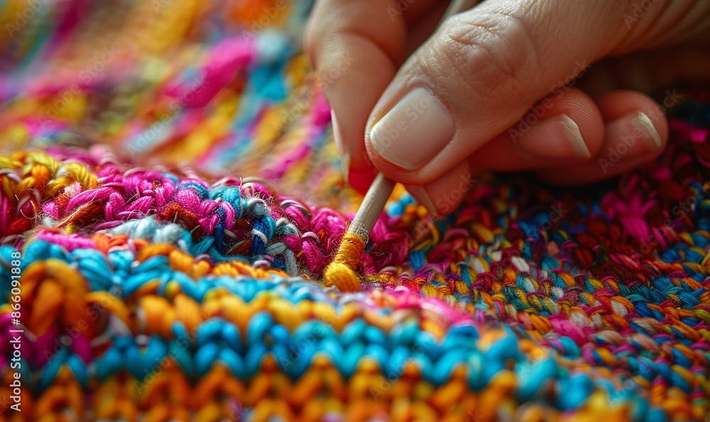 Poster multi-colored threads of knitted products close up knitting process.