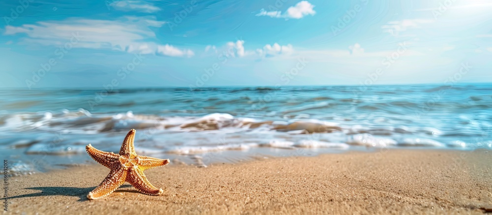 Poster starfish lying on the sandy shore with vast blue sea and clear skies in the background, creating a p