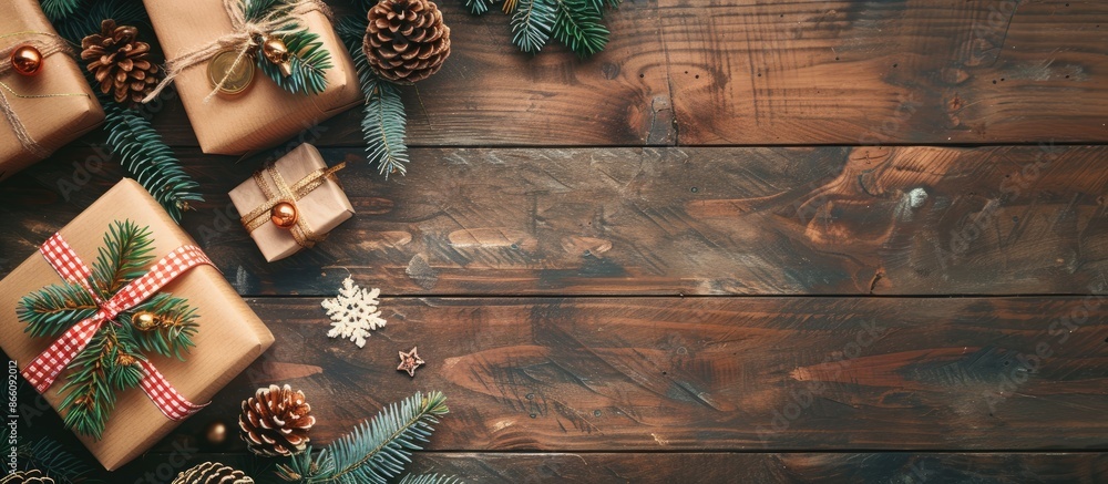Poster a festive christmas and new year arrangement is showcased on a wooden surface, featuring a postcard 