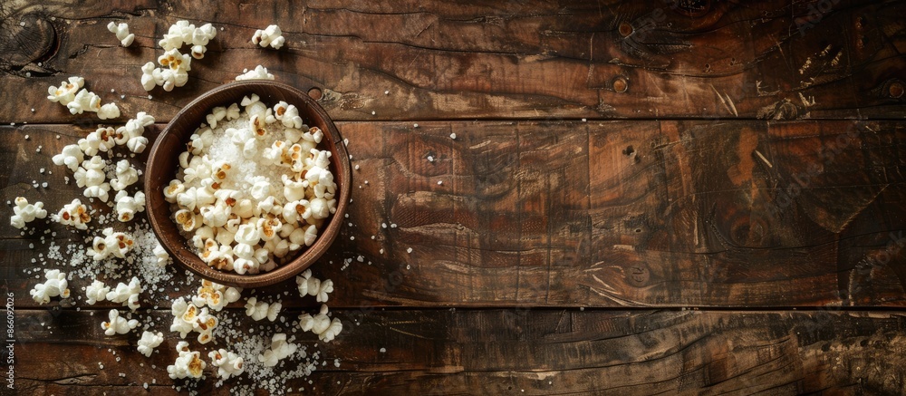 Poster popcorn sprinkled with salt on a rustic wooden table with copy space image.
