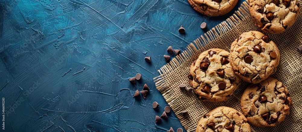 Poster A bunch of chocolate chip cookies on burlap and vibrant blue textures, ideal for adding text in the vacant area in the image. Copy space image. Place for adding text and design