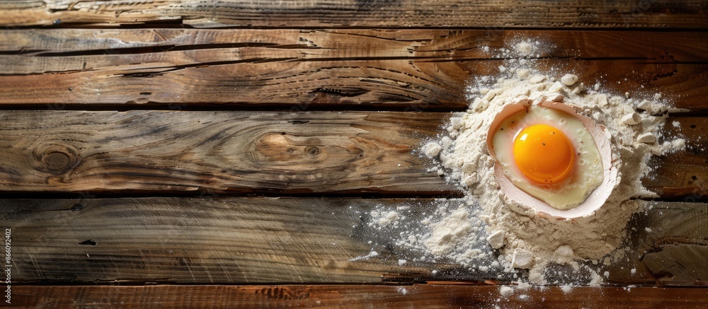 Poster Rustic setting in a bakery with egg yolk and flour mixture on a wooden table. Top view adds to the charm of the copy space image.