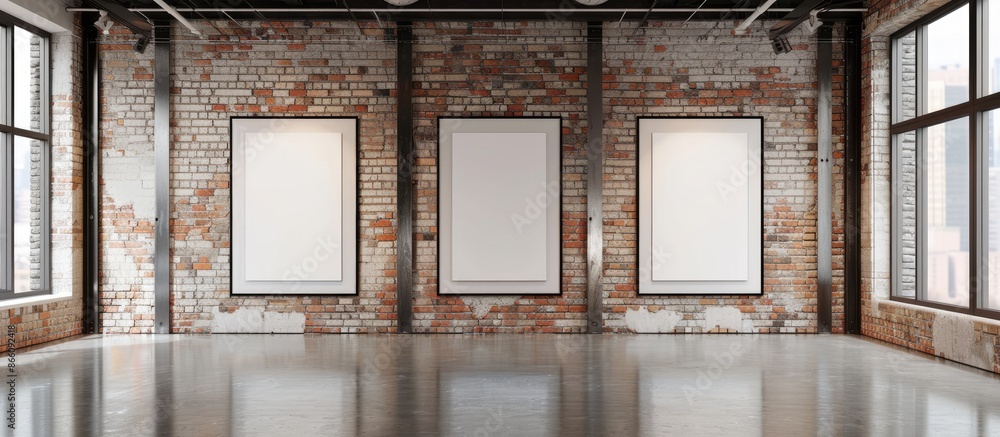 Fototapete modern art gallery displaying frames with blank canvases on a brick wall, providing copy space image