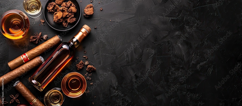 Poster whiskey bottle, cigars, and glasses elegantly arranged on a black background in a flatlay compositio