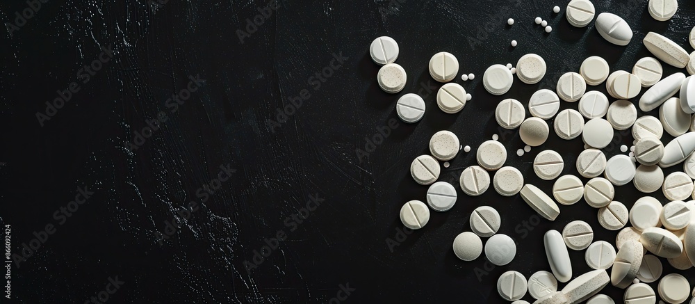 Poster medicine pills are displayed against a black backdrop with a large copy space image.