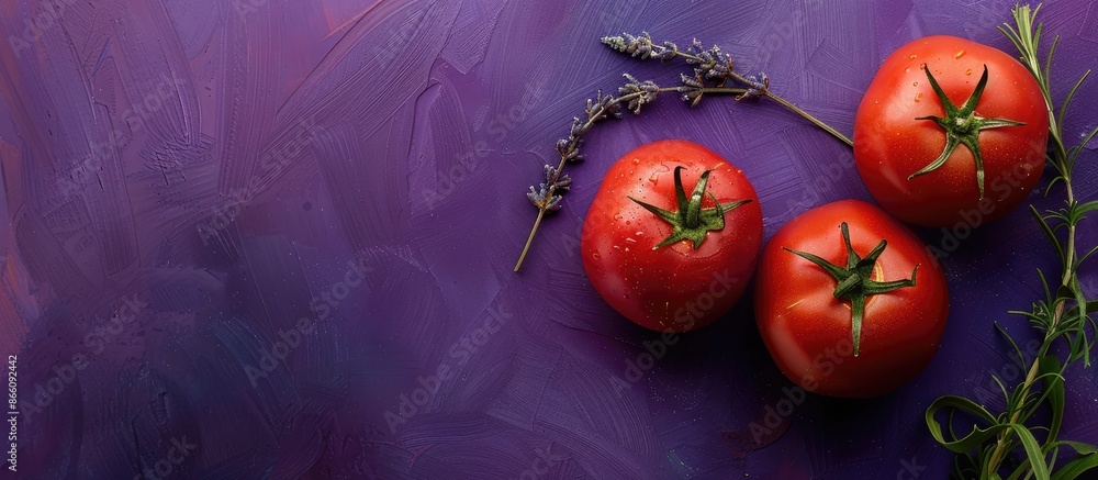 Aufkleber Fresh vegetables including three vibrant red tomatoes and a sprig of lavender are displayed on a purple background with a copy space image, ready for cooking on the table.