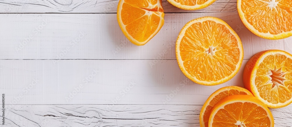 Poster Top-down view of orange slices on a white wooden table surface with ample space for adding images.