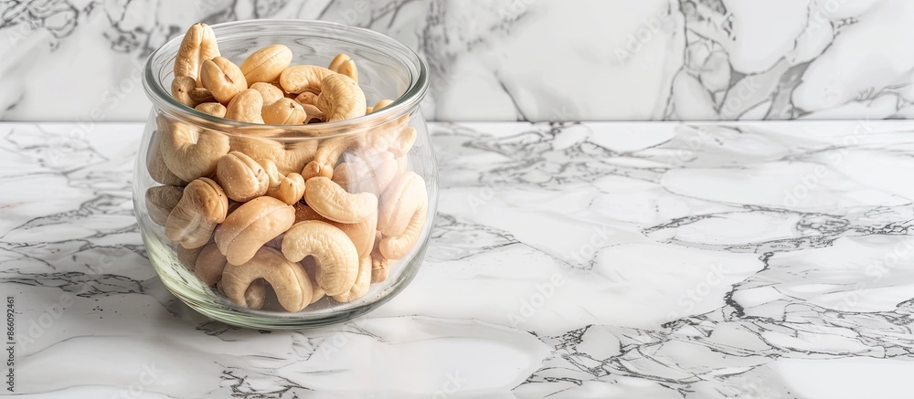 Poster cashew nuts displayed in a clear glass jar on a marble countertop with ample copy space image.