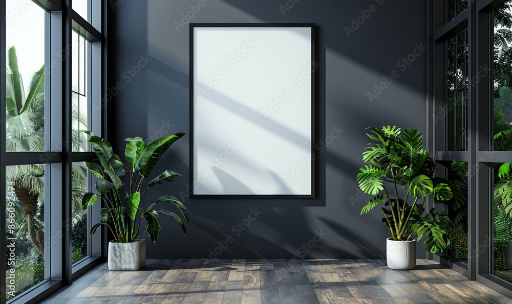 Poster dark grey smooth wall with a mock-up of a black photo frame with a white canvas inside it