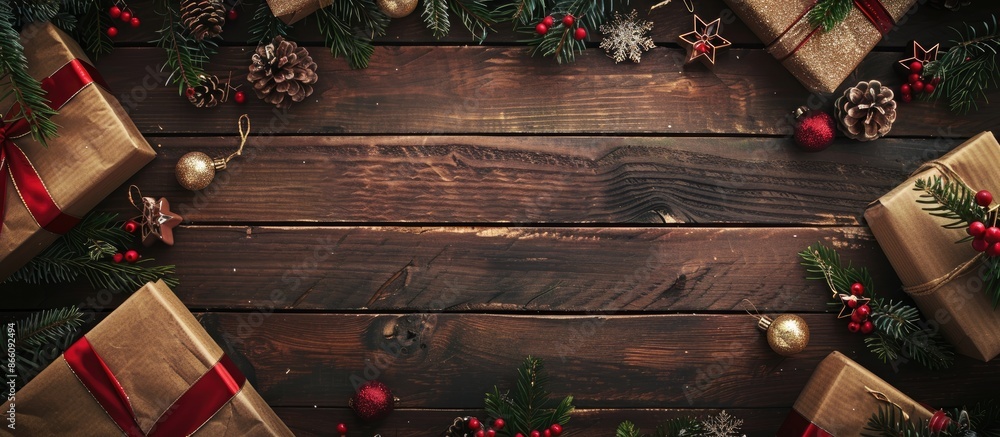 Poster christmas-themed backdrop with gift boxes, rustic decor on vintage wood. stylish top view layout wit