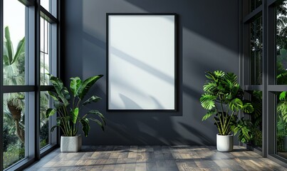 Dark grey smooth wall with a mock-up of a black photo frame with a white canvas inside it