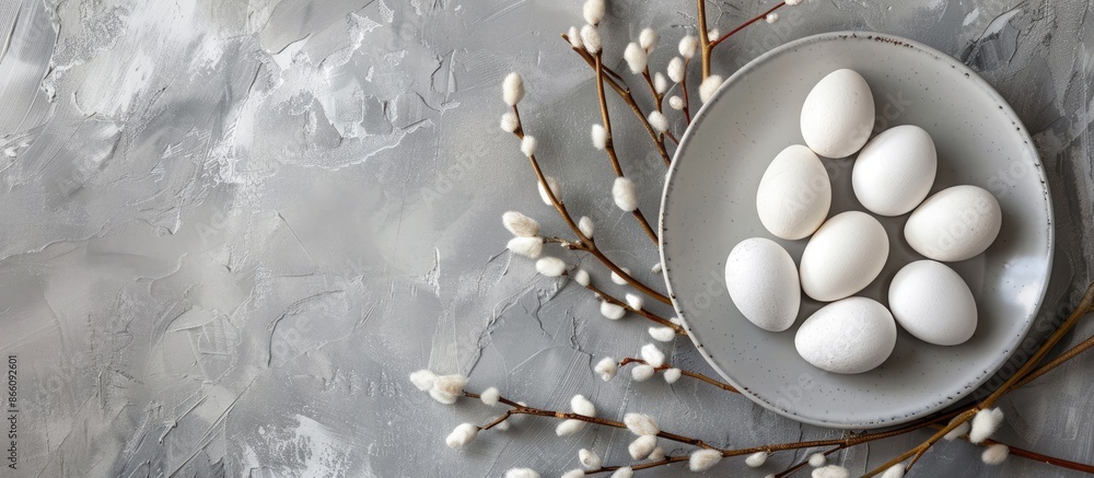 Aufkleber Easter theme with small white eggs on plate against gray backdrop, adorned with willow branches for holiday touch, offering room for text in image. Copy space image. Place for adding text and design