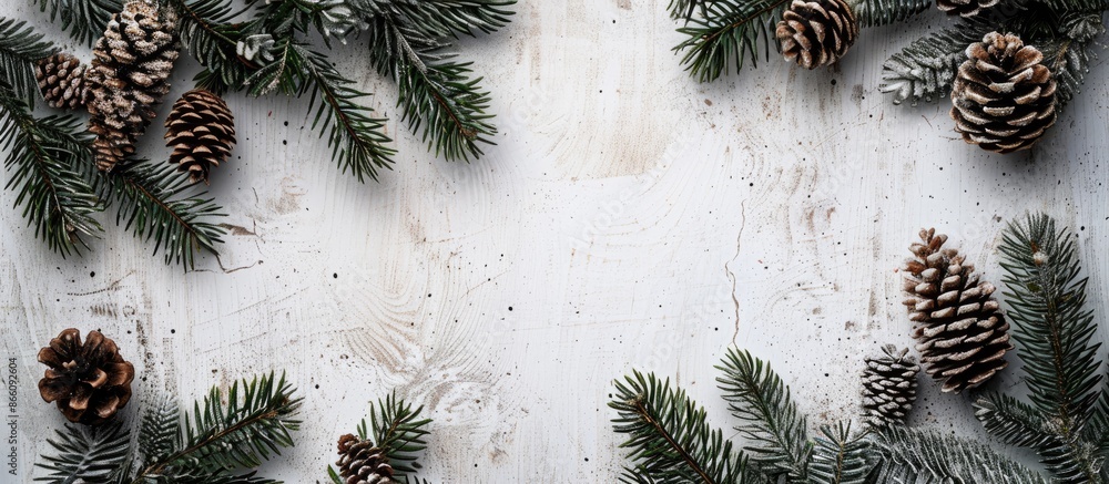 Aufkleber Light wooden background with fir branches and cones, offering space for your design in this copy space image.