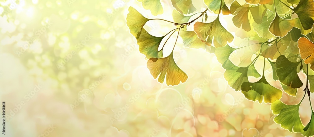 Fototapete Ginkgo tree leaves creating an artistic background with abundant copy space image.