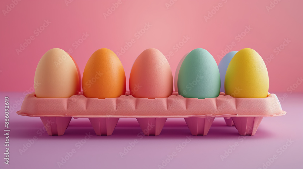 Poster a tray of eggs in a pink tray. the eggs are in different colors and are arranged in a row
