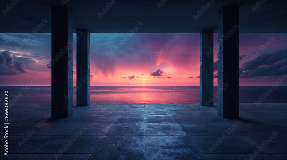 Poster sunset over ocean viewed through pillars of modern architectural structure