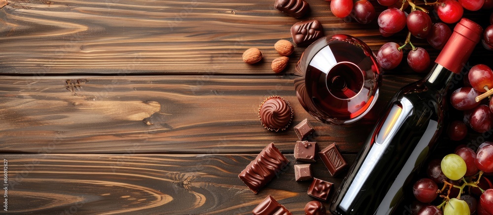Poster top-down view of a red wine bottle, grapes, chocolates, and glasses on a wooden table, with space fo