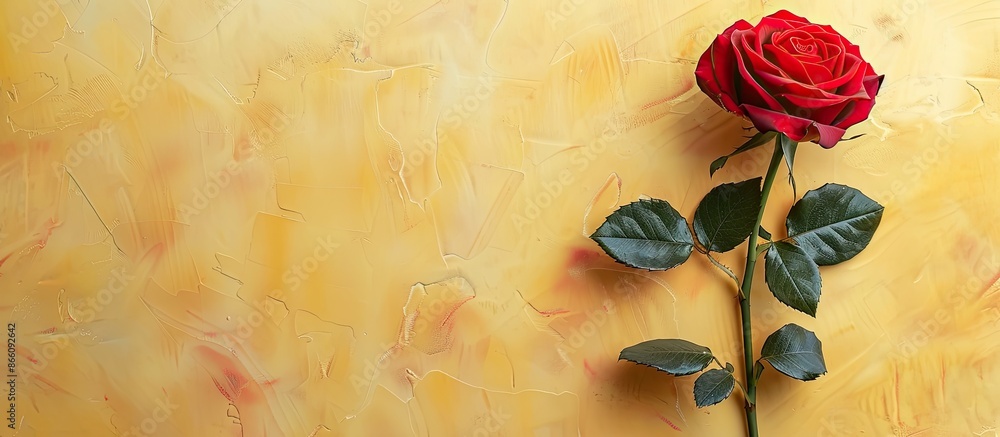 Fototapete a stunning red rose displayed on a soft yellow backdrop with a white border, perfect for a creative 