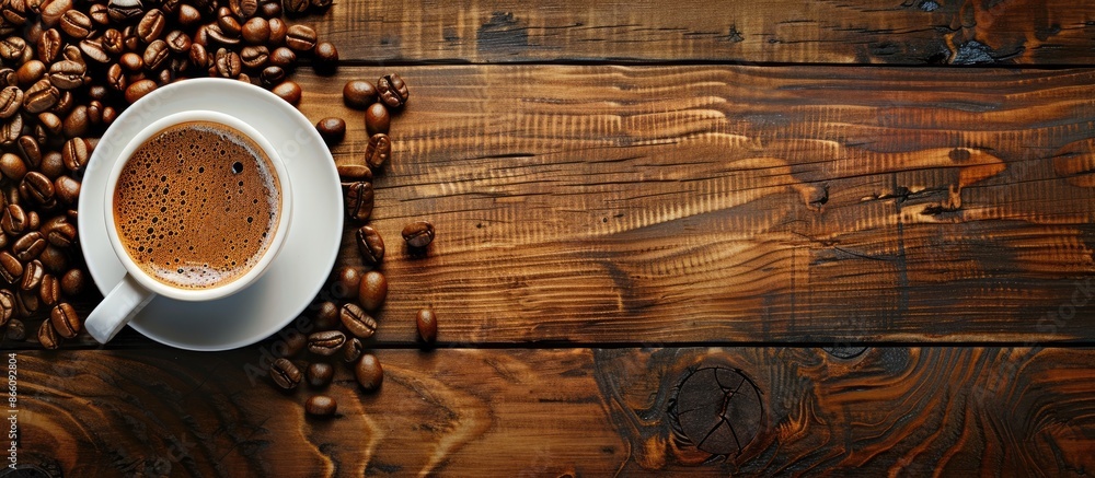 Aufkleber wooden table with a cup of fragrant hot coffee, roasted beans, and space for text in a flat lay copy