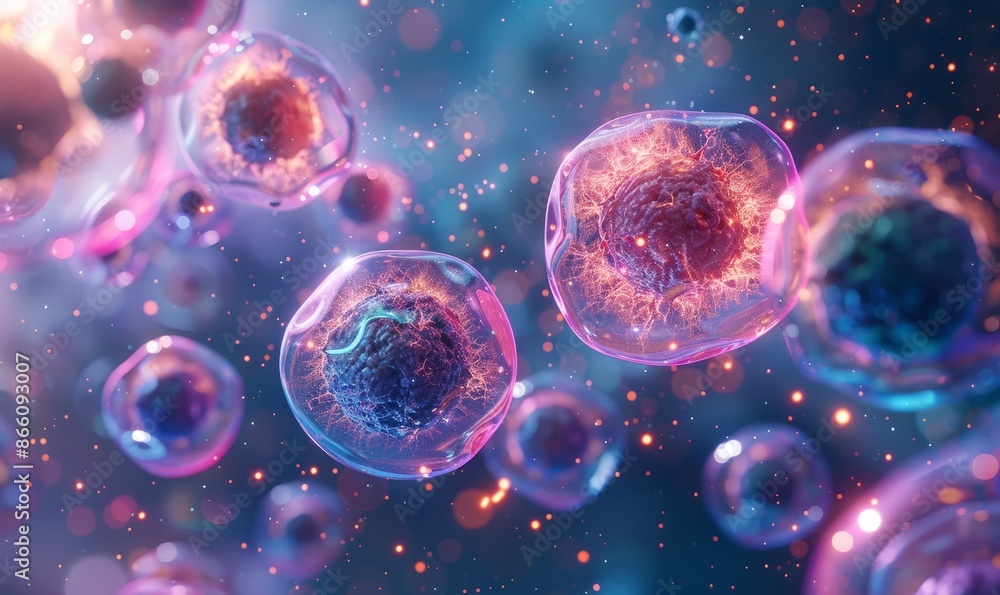 Poster a cluster of colorful cells are floating in space