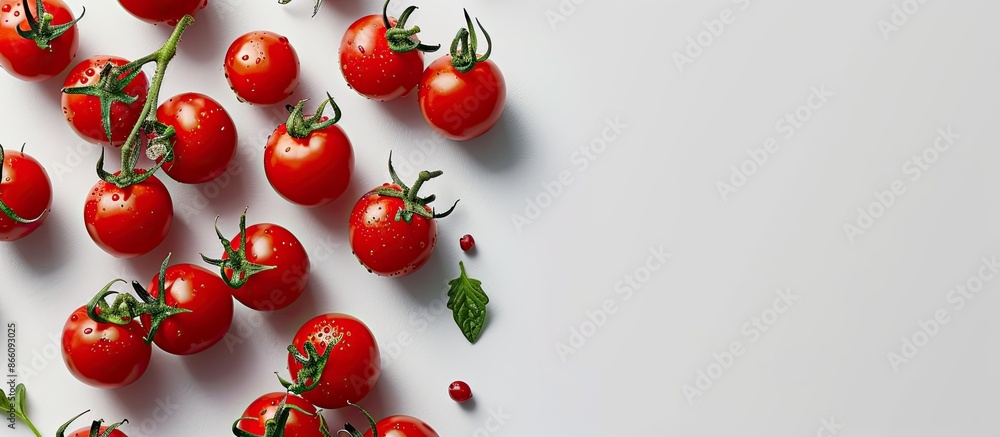 Poster A creative flat lay composition featuring tomatoes and text on a white background banner with ample copy space image.