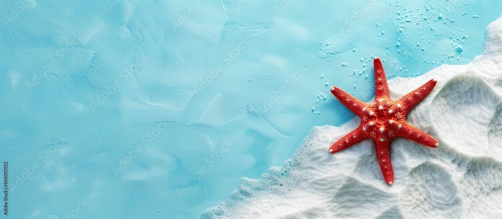 Sticker Summery vibe with a red starfish against white sand on a blue backdrop, evoking the essence of summer vacations in this copy space image.