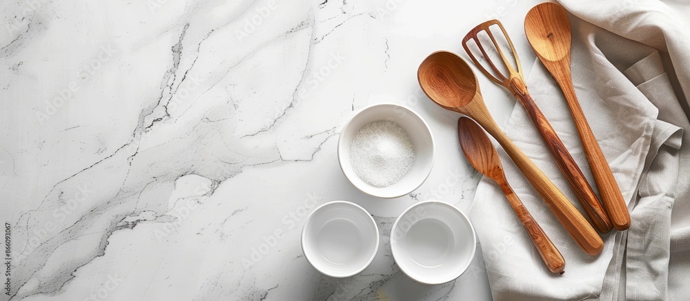 Poster Clean kitchenware arranged neatly on a table, captured in a top-down view with copy space image.