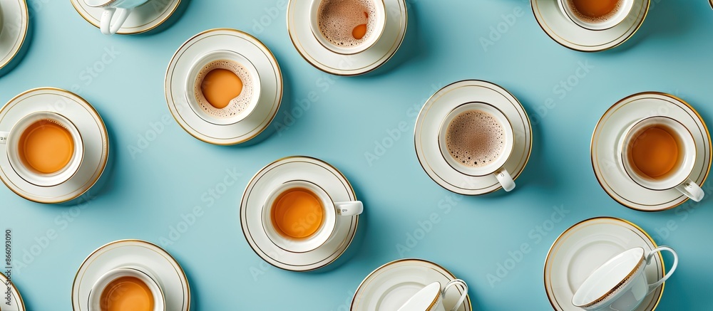 Poster Blue background featuring an array of pristine porcelain cups and saucers for coffee or tea, creating a sophisticated copy space image in top view and flat lay.