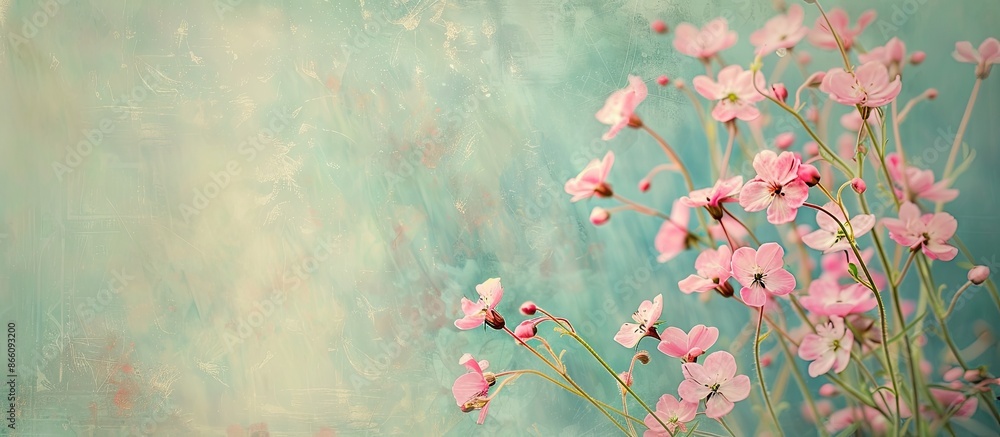 Poster a collage featuring pink forget-me-nots against a vintage background, creating a soft and pastel car