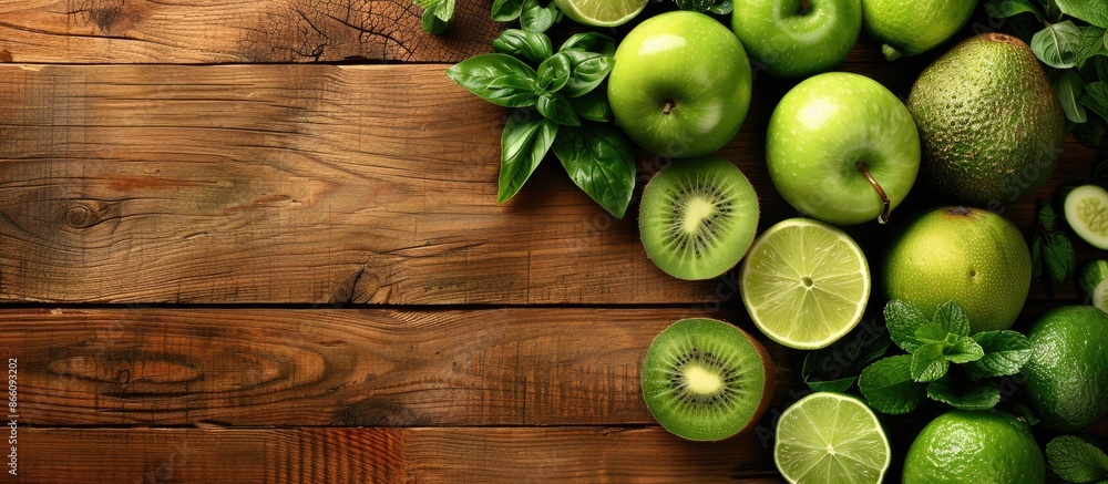 Poster green fruits and vegetables beautifully arranged on a wooden backdrop, creating a visually appealing