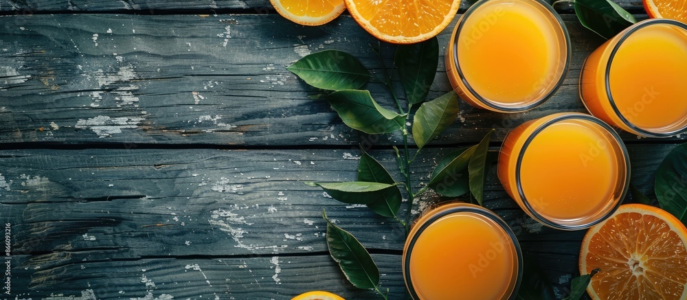 Poster Rustic top view copy space image of a fresh orange juice as a natural appetizer on a table.