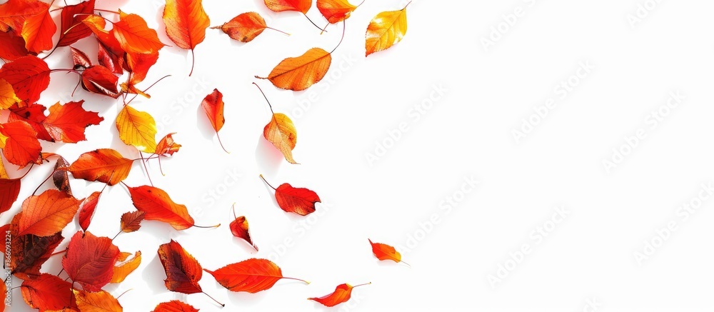 Poster fall leaves cascading over white background with ample copy space image.