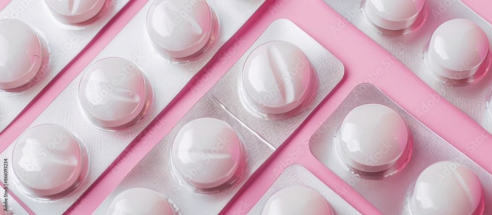 Poster White pills packaged in blister packs contrast against a pink backdrop, creating a visually appealing composition with room for text or other elements (copy space image).