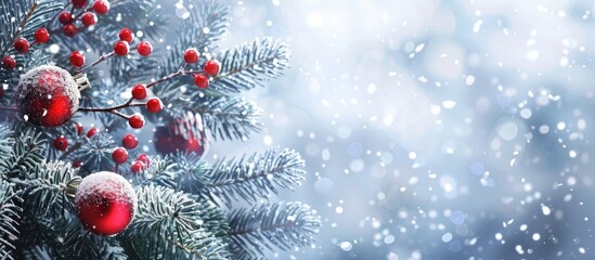 Winter holiday background with red balls on fir branches against a snowy backdrop, ideal for design projects, banners, with a copy space image.