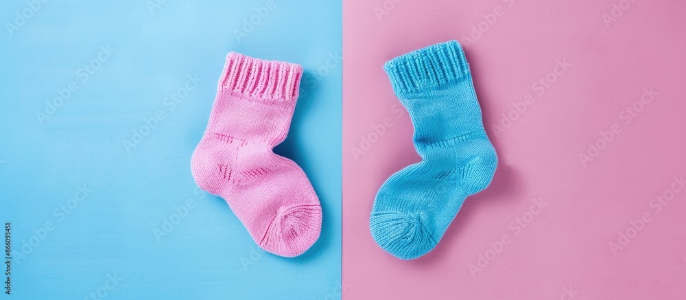 Poster baby gender guessing concept with socks on a blue and pink background in top view flat lay compositi